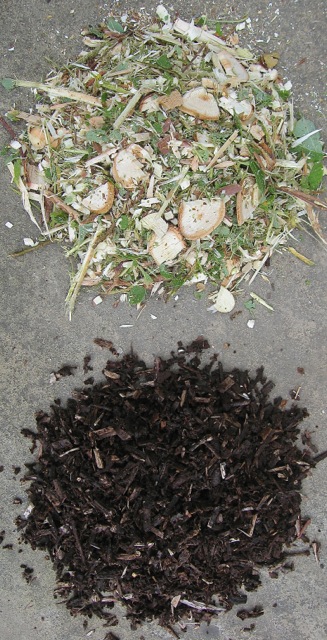 Fresh wood chips (top) need to be stacked for at least a year until they begin to break down and turn brown (below). 