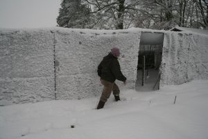 fruit cage in snow - Sept 2016