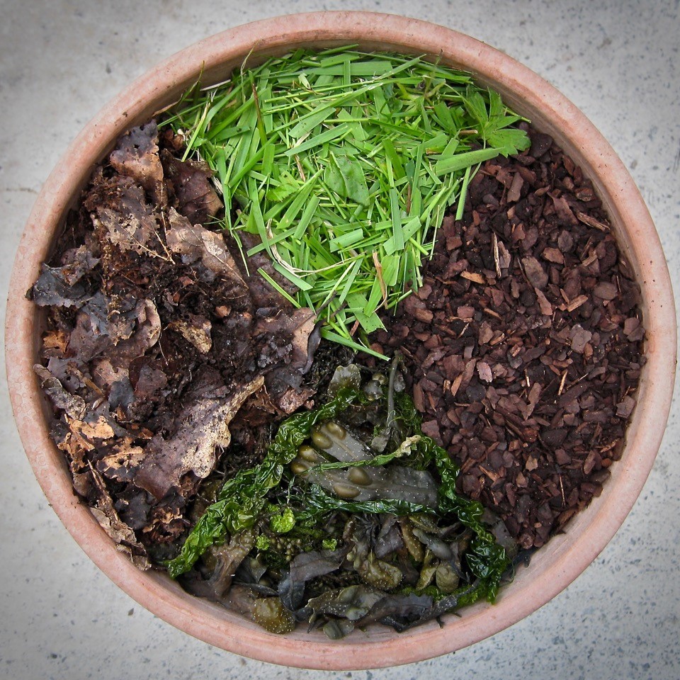 Using seaweed, fine bark, lawn mowings for gardening.
